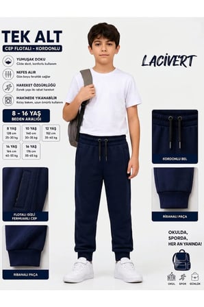Unisex Kız Erkek Çocuk Beli Paçası Lastikli Fermuar Cepli Okul İki İplik Eşofman Altı Pantolon — Lacivert