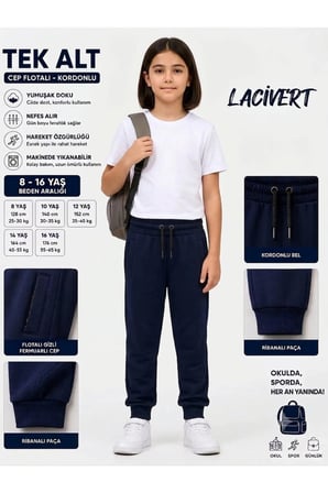 Unisex Kız Erkek Çocuk Beli Paçası Lastikli Fermuar Cepli Okul İki İplik Eşofman Altı Pantolon — Lacivert