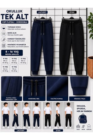 Unisex Kız Erkek Çocuk Beli Paçası Lastikli Fermuar Cepli Okul İki İplik Eşofman Altı Pantolon — Lacivert