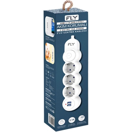 FLY 3393-01, 3 Soket, 2 USB, Akım Korumalı Priz, 2.1A, Anahtarlı, 2Mt Kablo, (Beyaz)