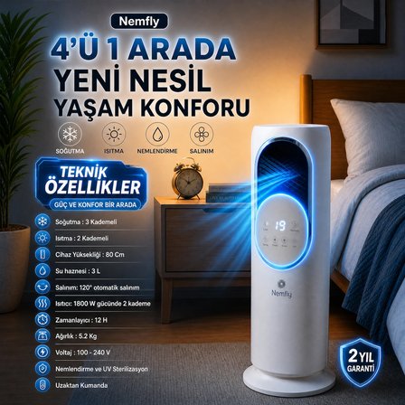 Uzaktan Kumandalı Hava Isıtıcı, Soğutucu, Nemlendirici ve UV Sterilizasyon Cihazı