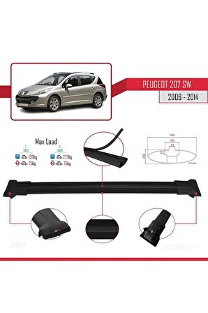 Peugeot 207 SW 2006-2014 Arası ile Uyumlu FLY Model Ara Atkı Tavan Barı SİYAH