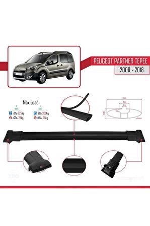 Peugeot Partner Tepee 2008-2018 Arası ile uyumlu FLY Model Ara Atkı Tavan Barı SİYAH 3 ADET BAR