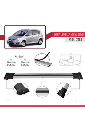 Toyota Corolla Verso (E120) 2004-2008 Arası ile Uyumlu FLY Model Ara Atkı Tavan Barı GRİ