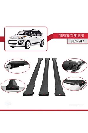 Citroen C3 Picasso 2009-2017 Arası ile Uyumlu FLY Model Ara Atkı Tavan Barı SİYAH 3 ADET BAR