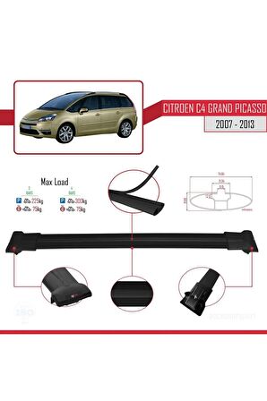 Citroen C4 Grand Picasso 2007-2013 Arası ile Uyumlu FLY Model Ara Atkı Tavan Barı SİYAH 3 ADET BAR