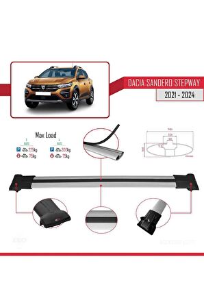 Dacia Sandero STEPWAY 2021 ve Sonrası ile Uyumlu FLY Model Ara Atkı Tavan Barı GRİ 3 ADET BAR