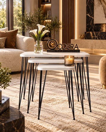 Odera Beyaz Tel Zigon Sehpa 3'lü Set Metal Ayaklı Modern Retro Salon Sehpası