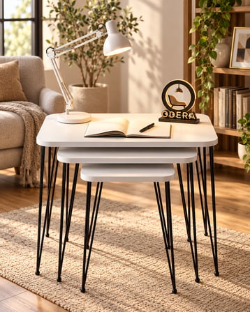 Odera Beyaz Tel Zigon Sehpa 3'lü Set Metal Ayaklı Modern Retro Salon Sehpası