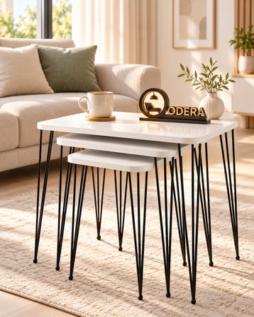 Odera Beyaz Tel Zigon Sehpa 3'lü Set Metal Ayaklı Modern Retro Salon Sehpası