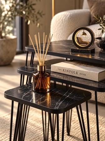 Odera Bendir Siyah Mermer Desenli Zigon Sehpa 3'lü Set Metal Tel Ayaklı Modern Retro Salon Sehpası