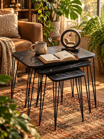 Odera Bendir Siyah Mermer Desenli Zigon Sehpa 3'lü Set Metal Tel Ayaklı Modern Retro Salon Sehpası