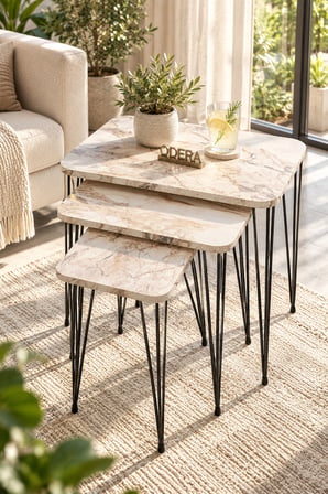 Odera Efes Ahşap Desenli Zigon Sehpa 3'lü Set Metal Tel Ayaklı Modern Retro Salon Sehpası