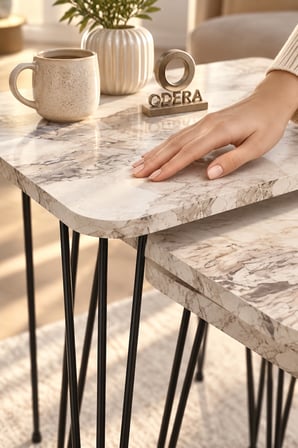 Odera Efes Ahşap Desenli Zigon Sehpa 3'lü Set Metal Tel Ayaklı Modern Retro Salon Sehpası