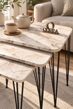 Odera Efes Ahşap Desenli Zigon Sehpa 3'lü Set Metal Tel Ayaklı Modern Retro Salon Sehpası