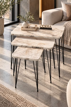 Odera Efes Ahşap Desenli Zigon Sehpa 3'lü Set Metal Tel Ayaklı Modern Retro Salon Sehpası