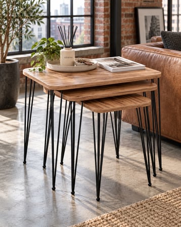 Odera Ceviz Tel Zigon Sehpa 3'lü Set Metal Ayaklı Modern Retro Salon Sehpası