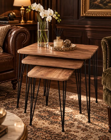 Odera Ceviz Tel Zigon Sehpa 3'lü Set Metal Ayaklı Modern Retro Salon Sehpası