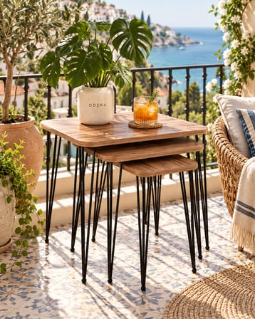Odera Ceviz Tel Zigon Sehpa 3'lü Set Metal Ayaklı Modern Retro Salon Sehpası