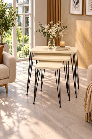 Odera Tel Zigon Sehpa 3'lü Set Metal Ayaklı Modern Retro Salon Sehpası