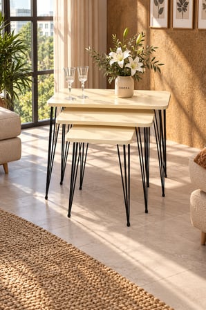 Odera Tel Zigon Sehpa 3'lü Set Metal Ayaklı Modern Retro Salon Sehpası