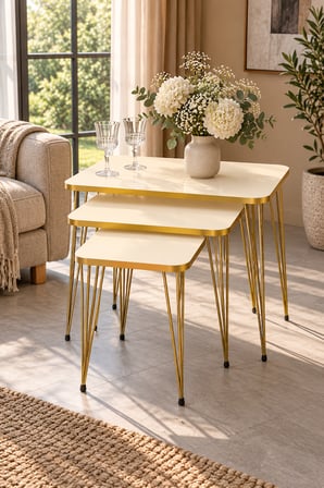 Odera Tel Zigon Sehpa 3'lü Set Metal Ayaklı Modern Retro Salon Sehpası