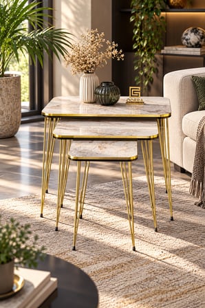 Odera Efes Ekru Mermer Desenli Zigon Sehpa 3'lü Set Siyah- Detaylı Metal Ayaklı Modern Salon Sehpası