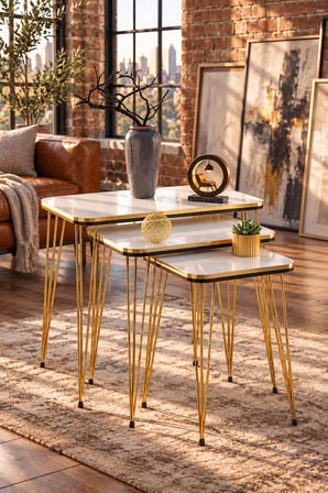 Odera Beyaz Siyah- Detaylı Zigon Sehpa 3'lü Set Metal Ayaklı Modern Retro Salon Sehpası
