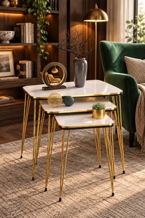 Odera Beyaz Siyah- Detaylı Zigon Sehpa 3'lü Set Metal Ayaklı Modern Retro Salon Sehpası