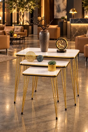 Odera Beyaz Siyah- Detaylı Zigon Sehpa 3'lü Set Metal Ayaklı Modern Retro Salon Sehpası