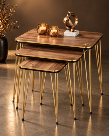 Odera Ceviz Detaylı Zigon Sehpa 3'lü Set Metal Ayaklı Modern Retro Salon Sehpası