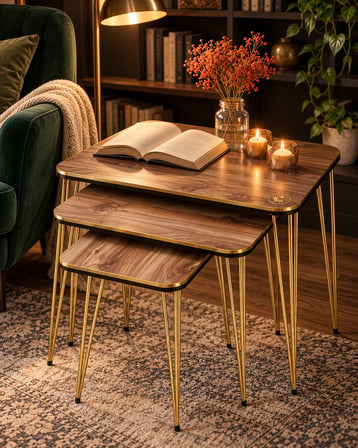 Odera Ceviz Detaylı Zigon Sehpa 3'lü Set Metal Ayaklı Modern Retro Salon Sehpası