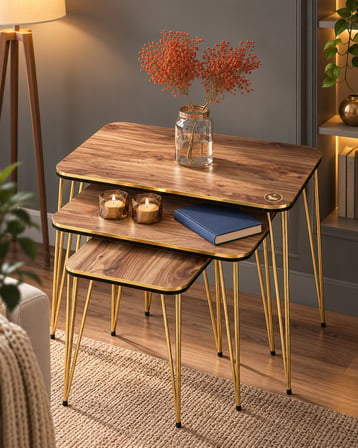 Odera Ceviz Detaylı Zigon Sehpa 3'lü Set Metal Ayaklı Modern Retro Salon Sehpası