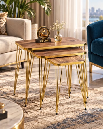 Odera Ceviz Zigon Sehpa 3'lü Set Metal Tel Ayaklı Modern Retro Salon Sehpası
