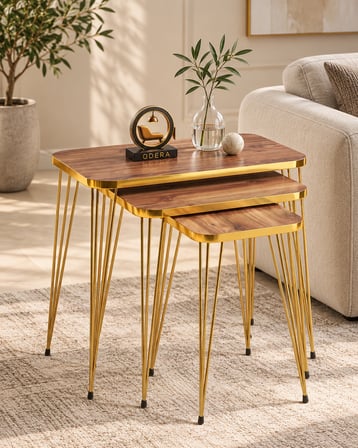 Odera Ceviz Zigon Sehpa 3'lü Set Metal Tel Ayaklı Modern Retro Salon Sehpası