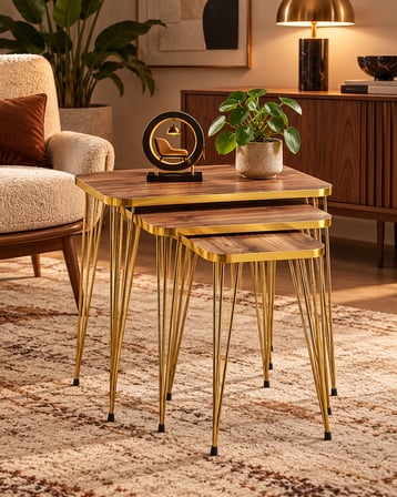 Odera Ceviz Zigon Sehpa 3'lü Set Metal Tel Ayaklı Modern Retro Salon Sehpası