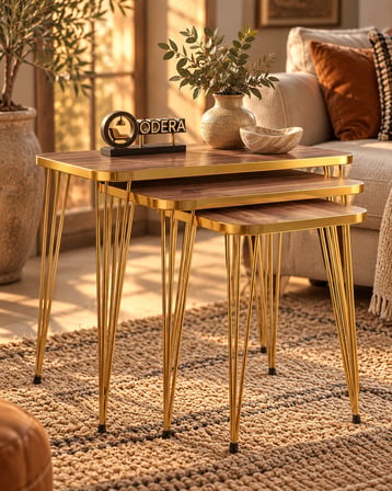 Odera Ceviz Zigon Sehpa 3'lü Set Metal Tel Ayaklı Modern Retro Salon Sehpası