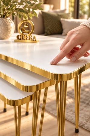 Odera Beyaz Tel Zigon Sehpa 3'lü Set Metal Ayaklı Modern Retro Salon Sehpası