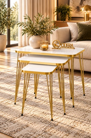 Odera Beyaz Tel Zigon Sehpa 3'lü Set Metal Ayaklı Modern Retro Salon Sehpası