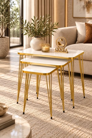 Odera Beyaz Tel Zigon Sehpa 3'lü Set Metal Ayaklı Modern Retro Salon Sehpası