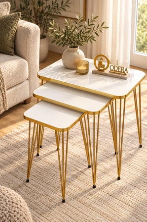 Odera Beyaz Tel Zigon Sehpa 3'lü Set Metal Ayaklı Modern Retro Salon Sehpası