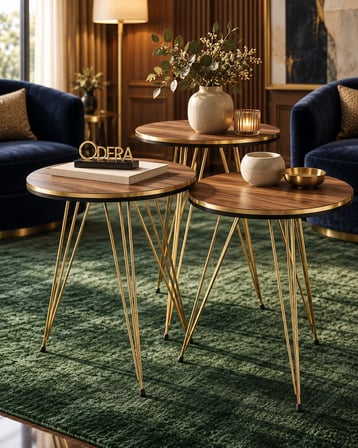 Odera Çift Ceviz Yuvarlak Zigon Sehpa 3'lü Set Metal Tel Ayaklı Modern Retro Salon Sehpası