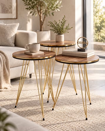 Odera Çift Ceviz Yuvarlak Zigon Sehpa 3'lü Set Metal Tel Ayaklı Modern Retro Salon Sehpası