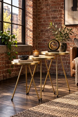 Odera Yuvarlak Zigon Sehpa 3'lü Set Metal Ayaklı Modern Salon Sehpası