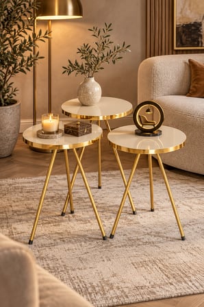 Odera Yuvarlak Zigon Sehpa 3'lü Set Metal Ayaklı Modern Salon Sehpası