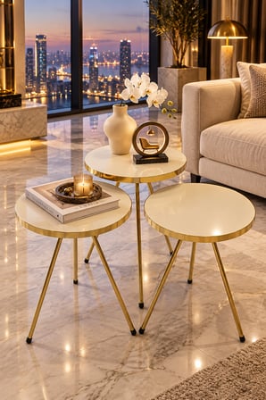 Odera Yuvarlak Zigon Sehpa 3'lü Set Metal Ayaklı Modern Salon Sehpası
