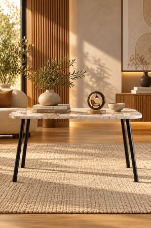 Odera Efes Beyaz Mermer Desenli Çekmeceli Orta Sehpa 90x60 cm Siyah Metal Ayaklı Modern Salon Sehpas