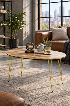 Odera Ceviz Oval Çekmeceli Orta Sehpa Siyah- Detaylı Metal Ayaklı İskandinav Modern Salon Sehpası