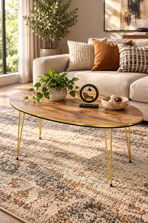 Odera Ceviz Oval Çekmeceli Orta Sehpa Siyah- Detaylı Metal Ayaklı İskandinav Modern Salon Sehpası