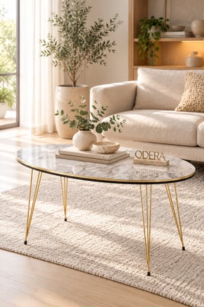 Odera Traverten Ekru 3 Katlı Raflı Yan Sehpa Kitaplıklı Çok Amaçlı Oval Dekoratif Sehpa 60x43x28 cm